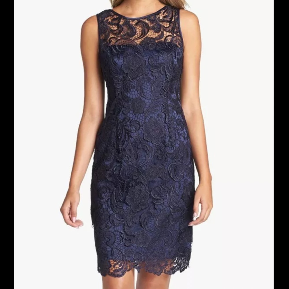 Adrianna Papell Navy Blue Illusion Bodice Lace Sheath Dress